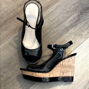 Franco Sarto The Artist Collection Black Patent Leather Wedge Sandals Size 7